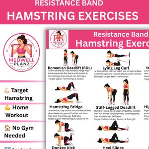 Könnte beinhalten: Ein weißes Informationsplakat mit dem Titel Resistance Band Hamstring Exercises von Medwellplanz. Es zeigt Illustrationen einer Person in rosa Sportkleidung, die verschiedene Übungen mit einem Widerstandsband ausführt, inklusive Anleitungen.