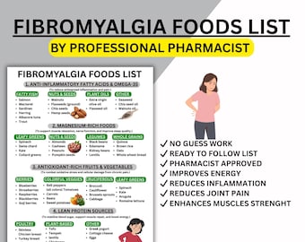 Può includere: Infografica dettagliata "Elenco alimenti per la fibromialgia" di un farmacista, con categorie di alimenti come pesce grasso, noci, legumi e fonti proteiche magre. Include una donna con mal di schiena e un elenco di benefici.
