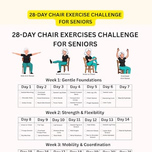 28-Day Chair exercises guide for seniors|Seated workout plan|Printable chair yoga chart|Seated senior workout|Digital Download