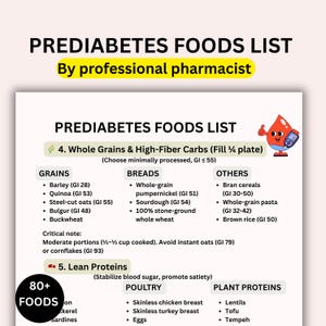 May include: A detailed infographic titled "PREDIABETES FOODS LIST" by a professional pharmacist. The list categorizes foods into grains, breads, and others, with a focus on whole grains and high-fiber carbs. It also includes lean proteins and plant proteins.