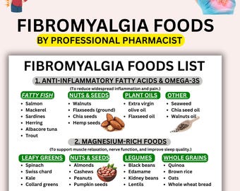 May include: A detailed infographic listing foods beneficial for fibromyalgia, such as fatty fish, nuts, seeds, plant oils, leafy greens, legumes, whole grains, and fruits. Text is in black and green.