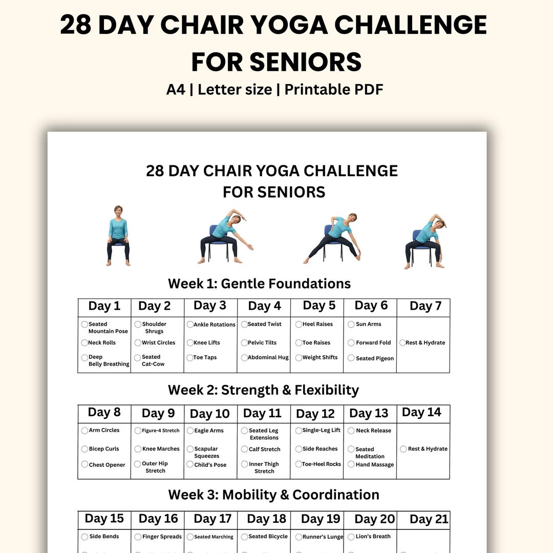 chair yoga challenge: 28-day printable guide for seniors - etsy