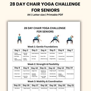 Ultimate chair yoga for seniors printable 28-day challenge,Printable senior chair yoga chart,Printable chair yoga routines,Chair exercises