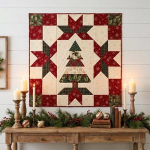May include: A square wall quilt featuring a central Christmas tree motif composed of various green, red, and cream fabric patterns. The quilt is framed by a border of red fabric with white snowflake prints and dark green holly leaf corner blocks.