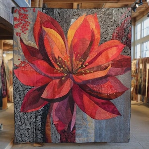 May include: A large, colorful quilt featuring a stylized flower design. The flower has vibrant red, orange, and purple petals with a yellow center. The background is a mix of gray and black patterned fabric, creating a striking contrast.