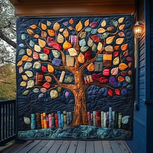 May include: A quilted wall hanging featuring a tree design with books as leaves and a row of books at the base. The tree trunk is brown, the leaves are various colors, and the background is dark blue. The quilt is hanging on a wooden porch.