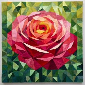 Patchwork Rose Printed Quilt Pattern | Rose Wall Hanging Pattern with Paper Template