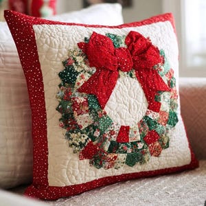 May include: Square decorative pillow with a quilted wreath design. The wreath is made of red, green, and floral patterned fabric. A large red bow with white polka dots is centered on the wreath. The pillow has a white background and a red polka dot border.