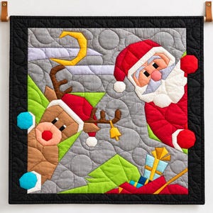 May include: A square fabric wall hanging featuring a quilted scene of Santa Claus and a reindeer. The design includes a yellow crescent moon, a red sleigh with blue gifts, and a black border, all suspended from a wooden rod with leather straps.