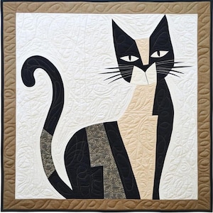 May include: A square wall quilt featuring a stylized black and cream cat with a long curved tail. The cat is centered on a white background with swirling quilted patterns, framed by a tan border with a continuous wave-like stitched design.