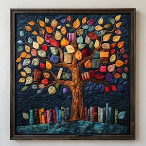 May include: A framed fabric art piece depicting a tree with colorful leaves and books. The tree trunk is brown, and the leaves are various colors, including red, orange, and yellow. Books are scattered throughout the tree and at the base, with a dark blue background.
