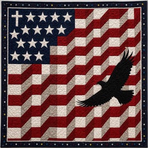 May include: A quilted American flag design with a cross and stars in the upper left corner. The flag features red and white stripes with a black eagle in flight. The quilt has a navy blue border with stars.