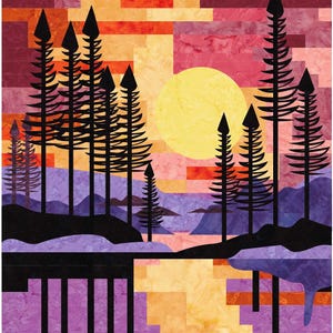May include: A rectangular fabric quilt featuring a landscape scene with a large yellow sun set against a sky of orange, pink, and purple horizontal blocks. Black silhouettes of pine trees stand in the foreground above purple hills and water.