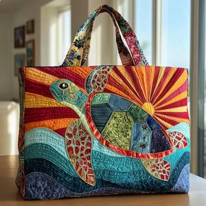 May include: A quilted tote bag featuring a sea turtle design. The bag showcases a vibrant color palette of blues, greens, oranges, and reds. The turtle is set against a radiating sun design, with wave patterns at the bottom. The handles have a floral pattern.