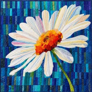May include: A quilted artwork featuring a large daisy with white petals and an orange and yellow center. The flower is set against a blue background with a patchwork design. The stem is green.