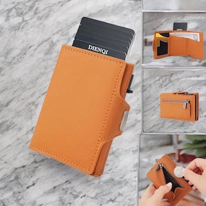 Carteira fina de alumínio RFID com três dobras – porta-cartões de crédito de couro sintético de luxo com bolso para moedas para homens e mulheres