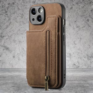 Funda de cuero tipo billetera con ranura para tarjetas con cremallera y hebilla magnética para iPhone 16 Pro Max, 15, 14 Plus, 13, 12.