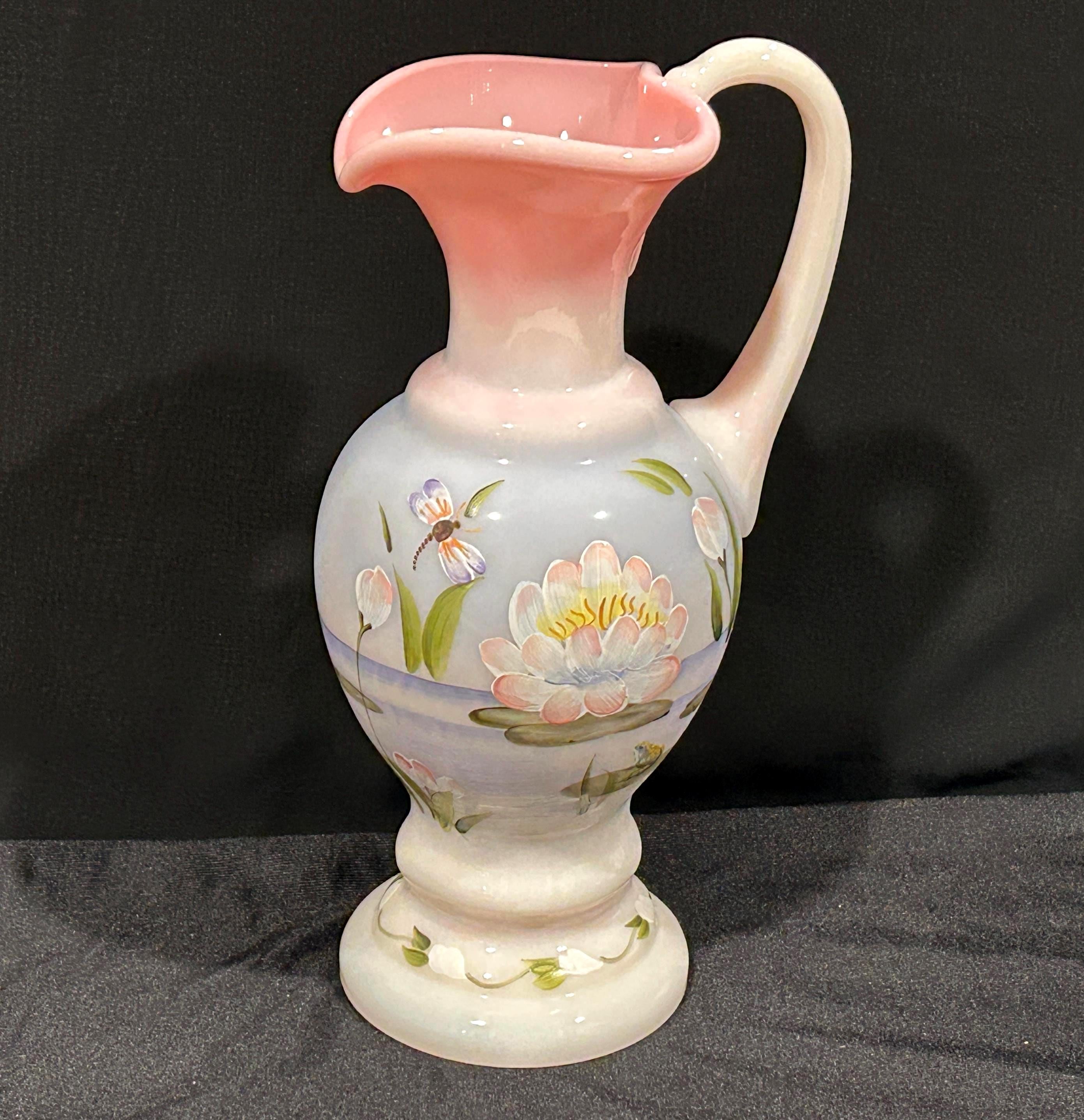 Fenton Rosalene Art Glass Pitcher Vase: Water Lily Dragonfly
