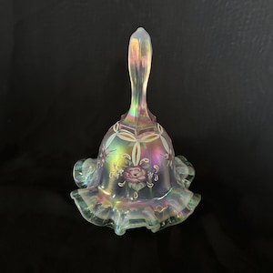 Rare Vintage Fenton Art Glass Pink Chiffon Hand-pained Artist Signed Bell. Free Shipping.