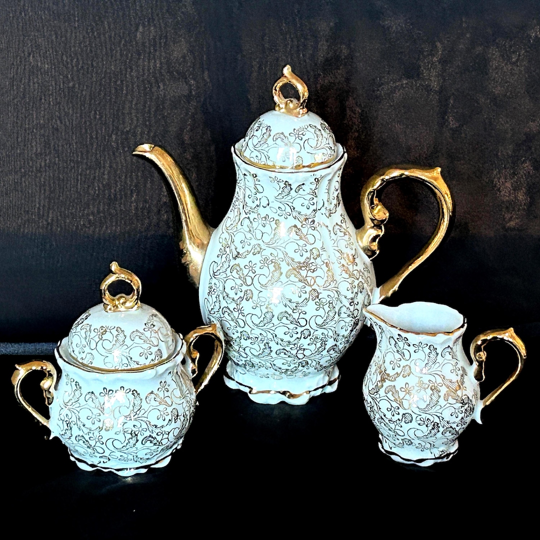 Vintage White and Gold Porcelain Tea Set – Petite Size Teapot, Creamer ...