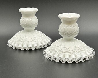 Vintage Fenton Silver Crest Spanish Lace Set of 2 Candlestick Holders 3 5/8"