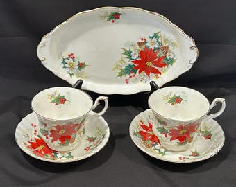 Vintage Set of 2 Royal Albert Poinsettia Teacups and Saucers with 10" Serving Tray