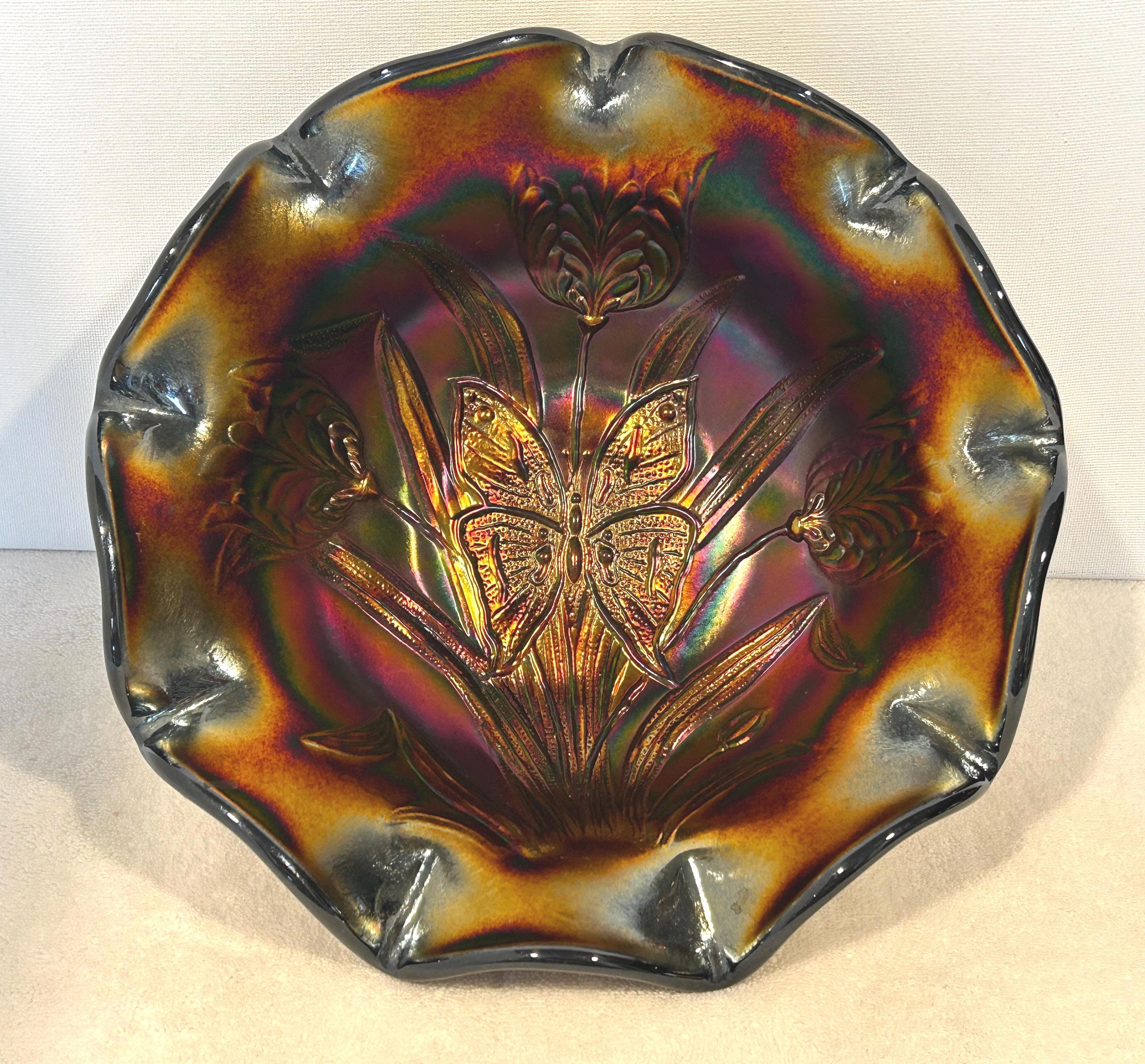 フェントン　カーニバルガラスのボンボンボウル　Butterfly アンティーク Antique Fenton Butterflies Marigold Carnival Glass Bon Bon