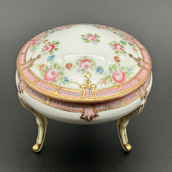 Antique Nippon Handpainted Floral Powder or Trinket Jar 4"