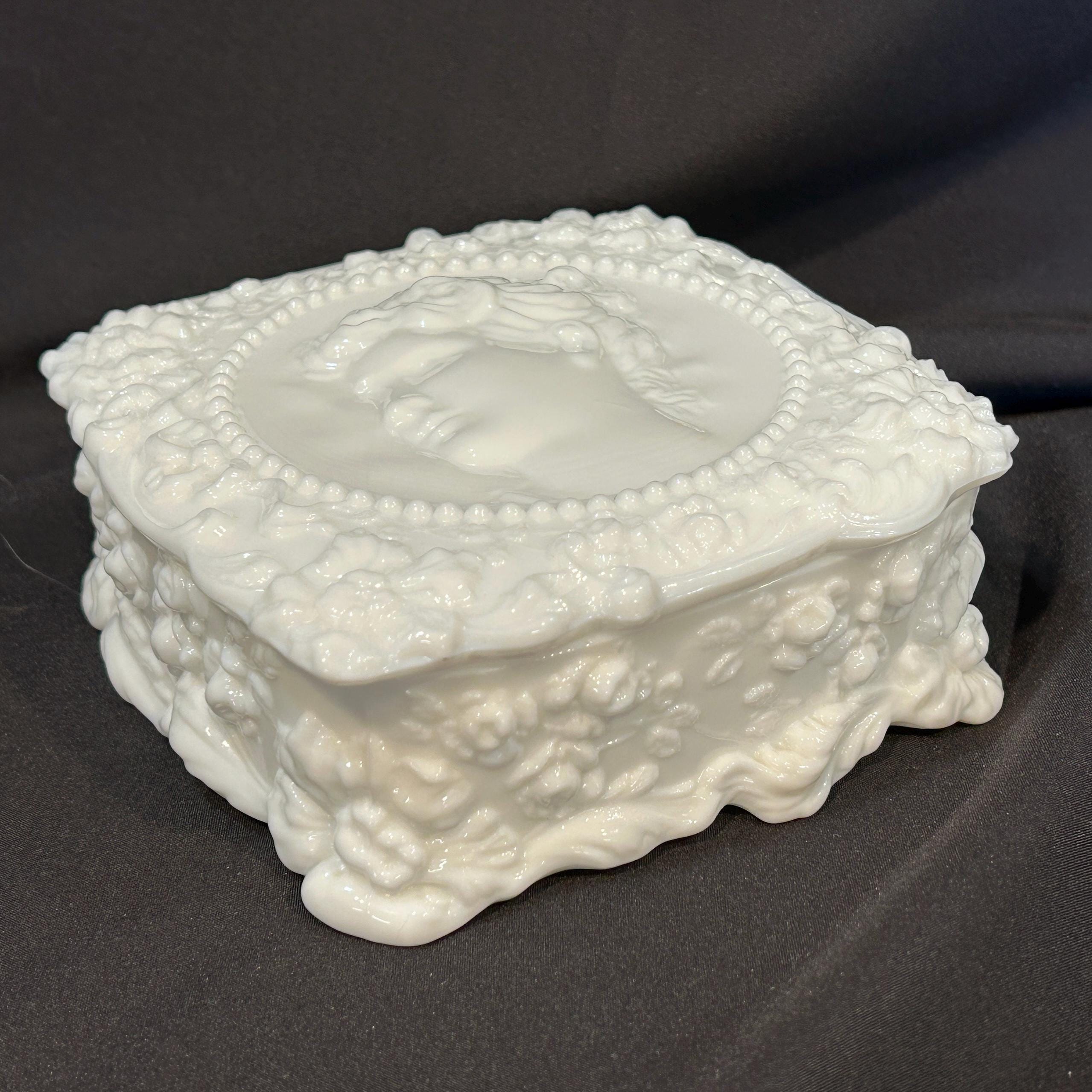 FOSTORIA, JENNY LIND, PRESSED, MILK GLASS, CAMEO, PIN BOX WITH LID. Fostoria Jenny Lind Milk Glass - Etsy main image 2