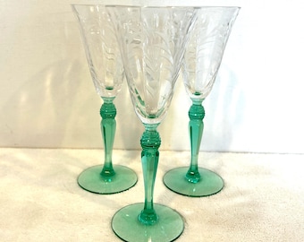 Vintage Set of 3 Tiffin Willow Green Stem Claret Wine Glasses 6 3/4"