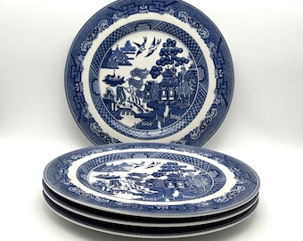Vintage Johnson Brothers Willow Blue Dinner Plates 10 3/4", set of 4