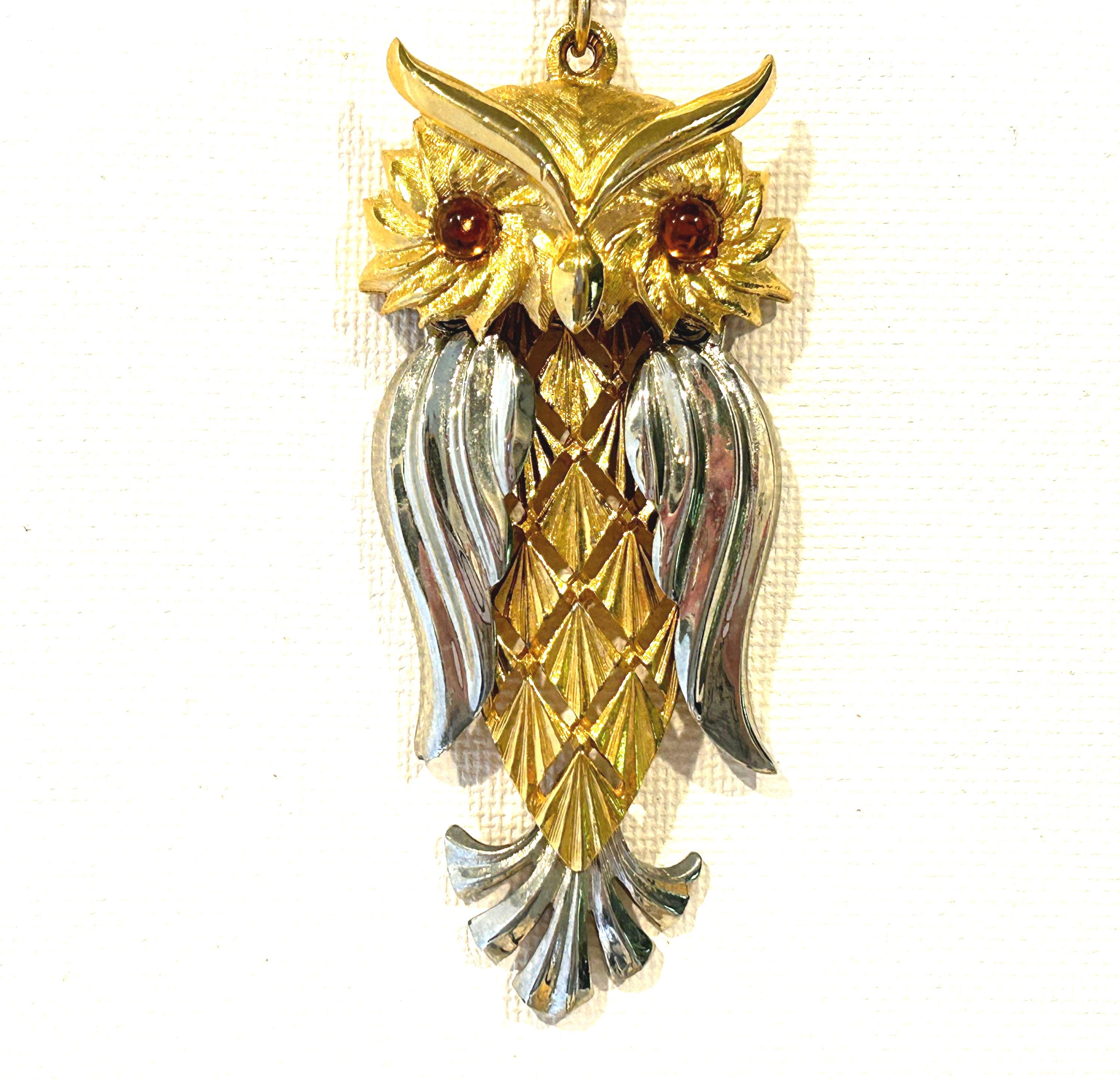 Vintage Tancer II Articulated Owl Pendant Necklace: Gold & Silver Tone, Amber Eyes