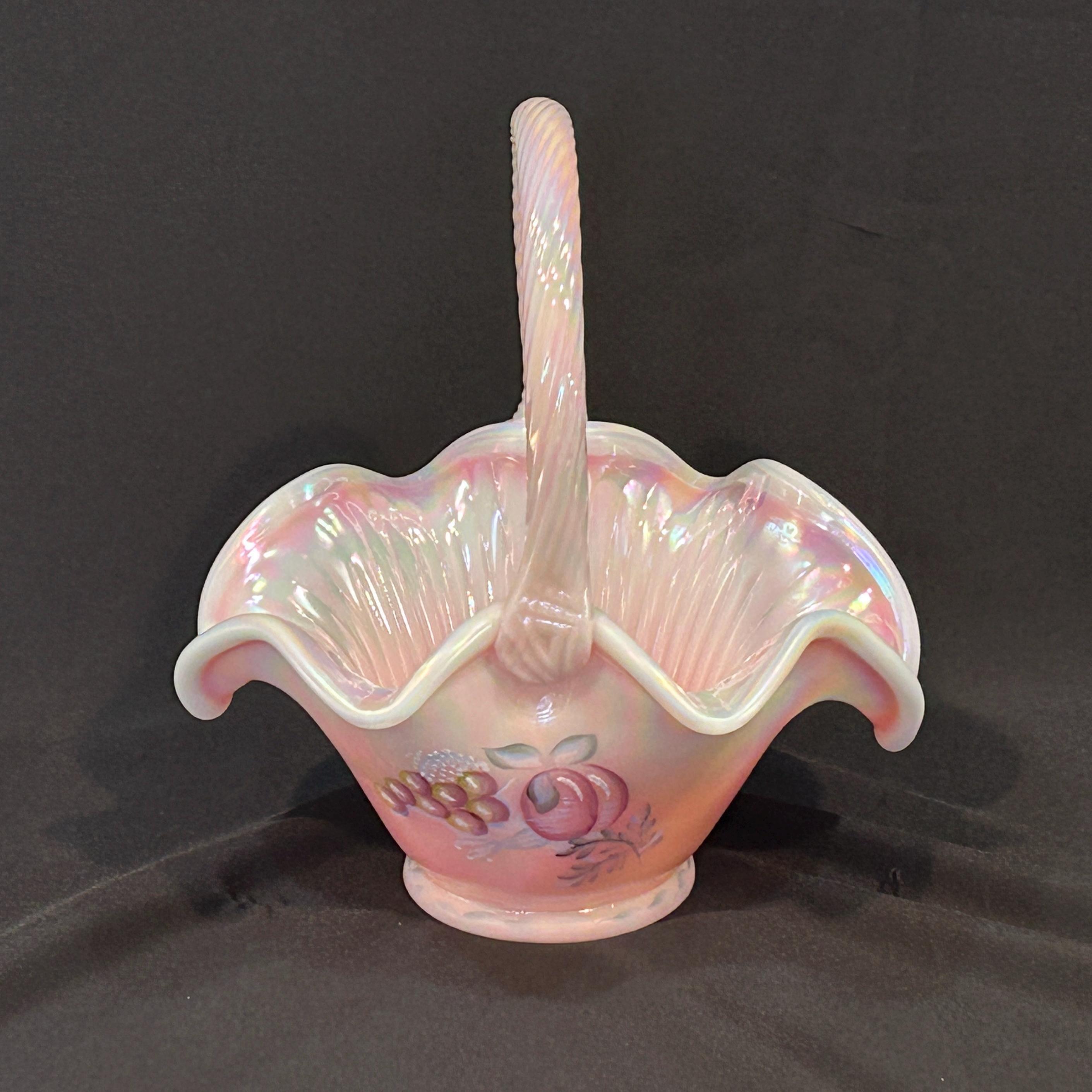 フェントン　バスケット　ローズガーデン Vintage Fenton Rosalene Basket, Pink Iridescent Artist Signed 8