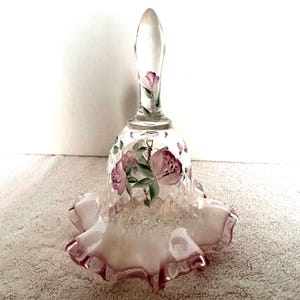 Vintage Fenton Art Glass Pink Opalescent Hand Painted Flowers Diamond Pattern Ruffled Bell 7&quot;. Artist Signed. Free Shipping.