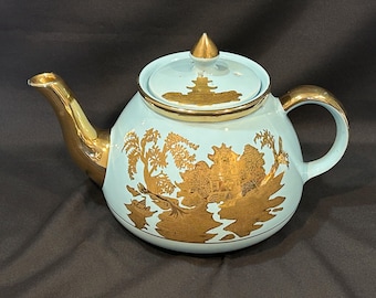 Vintage Gibsons Staffordshire Teapot 5 3/4", Robin's Egg Blue Chinoiserie Design