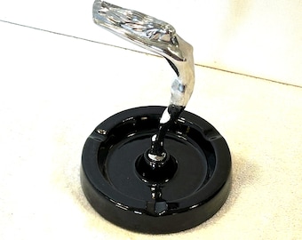 Vintage Art Deco Ceramic Ashtray with Chrome Flying Goddess Style Hood Ornament