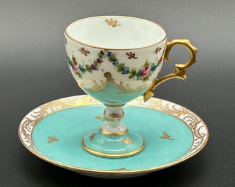 Vintage Limoges France Demitasse Cup and Saucer, Hand Decorated French Porcelain
