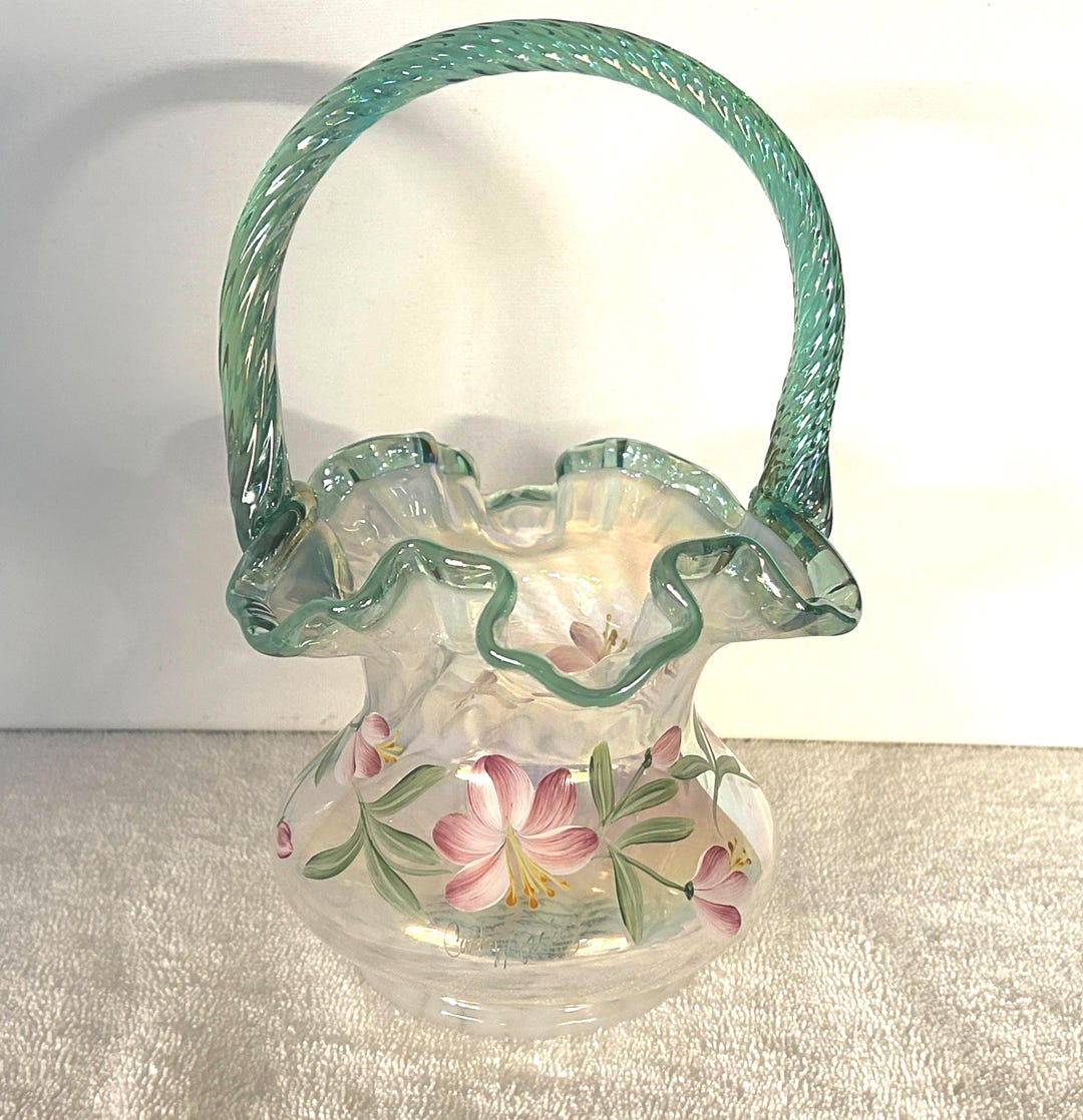 レア！オールドフェントン ドット fentonバスケット アンティーク Vintage Fenton Art Glass Basket, Hand-painted Azalea, French