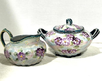 Vintage Hand Painted Moriage Floral Creamer & Sugar Set