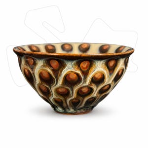 May include: A ceramic bowl featuring a repeating pattern of raised, circular orange-brown spots surrounded by dark brown and cream-colored swirling glaze. The bowl has a wide, flared rim and a smooth, glossy finish across its entire exterior surface.