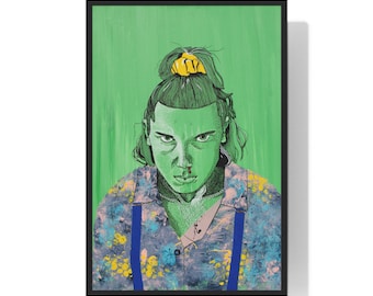 May include: Framed art print featuring a stylized portrait of a person with green skin and a serious expression. The person wears a patterned shirt with blue suspenders and a yellow hair tie against a green background.