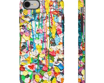 May include: A colorful phone case with a textured, abstract design. The case features a vibrant mix of colors, including yellow, pink, blue, and green, with a layered, dripped paint effect. The side view shows the same colorful pattern.