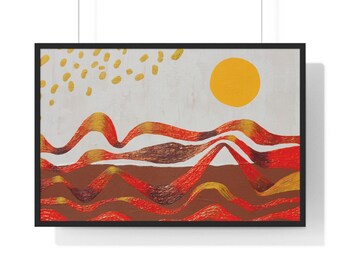 May include: Abstract art print in a black frame. The artwork features a yellow sun and gold dots against a white background. Wavy lines in shades of red, orange, and brown create a landscape.