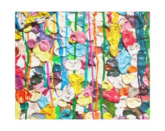 May include: A rectangular canvas print featuring a dense, textured collage of colourful, rounded gum-like shapes in shades of pink, yellow, blue, white, and orange, overlaid with vertical, vibrant paint drips in green, pink, and orange lines.