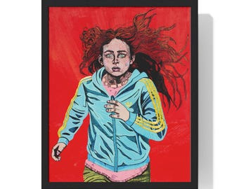 May include: Framed art print featuring a stylized illustration of a person running. The person is wearing a light blue zip-up jacket with yellow stripes and a pink shirt. The background is a solid red color.