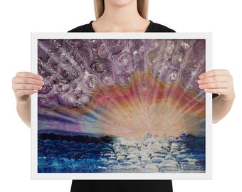 May include: Framed abstract art print featuring a vibrant sunset over a blue ocean. The artwork showcases a textured style with swirling purple clouds, a radiant pink and orange sun, and white wave-like forms.