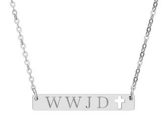 WWJD Cutout Cross Bar Necklace | Engraved Religious Pendant