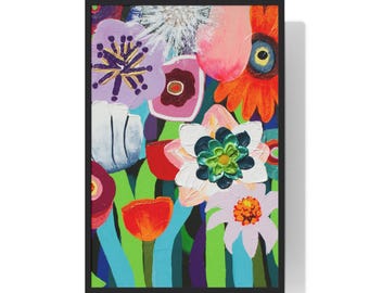May include: A framed floral art print featuring a vibrant, abstract painting. The artwork showcases a variety of colorful flowers in shades of purple, orange, pink, and white, set against a backdrop of green and blue. The print is encased in a black frame.