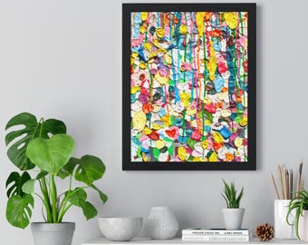 May include: Abstract art print in a black frame. The artwork features a vibrant mix of colors, including yellow, red, blue, and green, with a textured, layered appearance. The paint appears to be dripping in vertical lines.