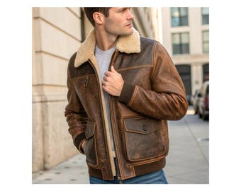 Chaqueta bomber de cuero vintage hecha a mano con cuello de piel: abrigo estilo aviador para hombre